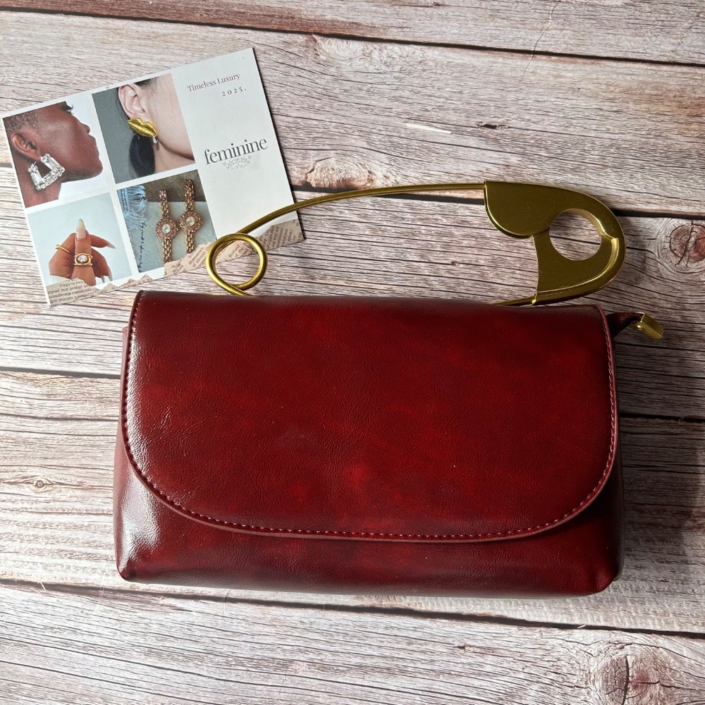Burgundy Handbag with Oversized Brooch Handle -Statement Piece of Elegance (Limi